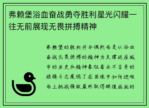 弗赖堡浴血奋战勇夺胜利星光闪耀一往无前展现无畏拼搏精神